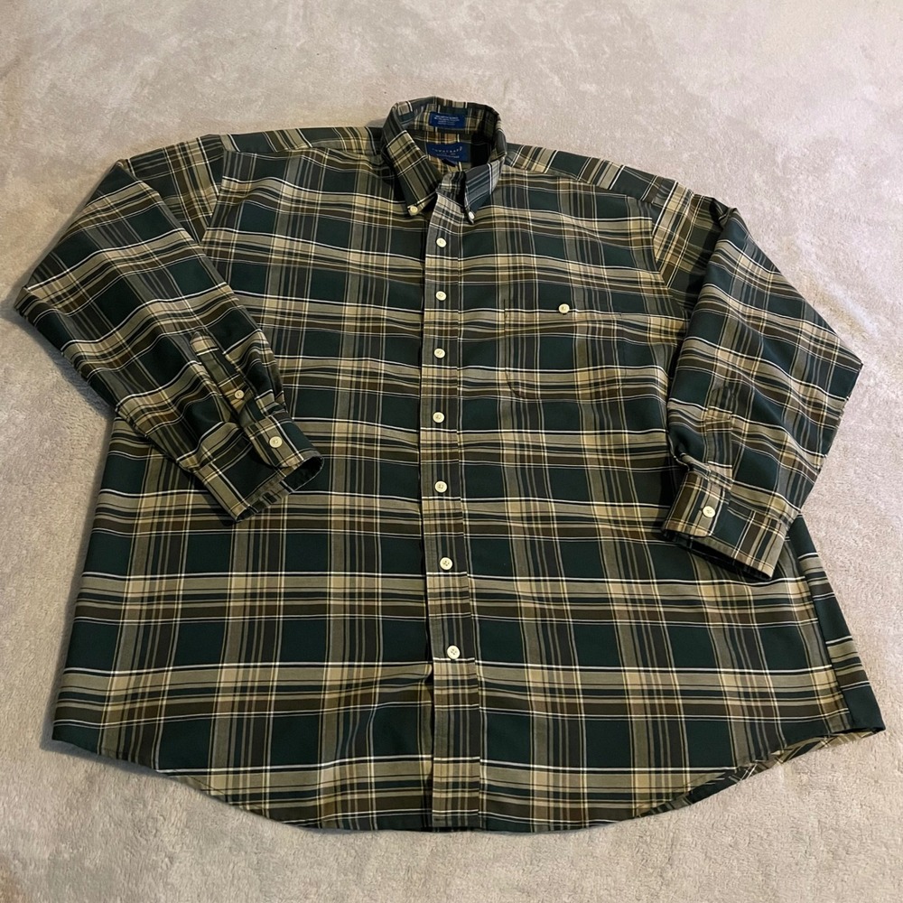 Vintage 90s Towncraft Mens XL Tall Wrinkle Free Green Plaid Button Down Shirt